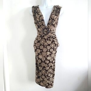 Alyn Paige Vintage Print Deep Plunge Y2K Ruched Brown Dress